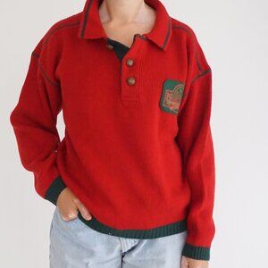 Vintage Northwest Red Knit Polo Forest Patch Cabincore Retro Outdoorsy M